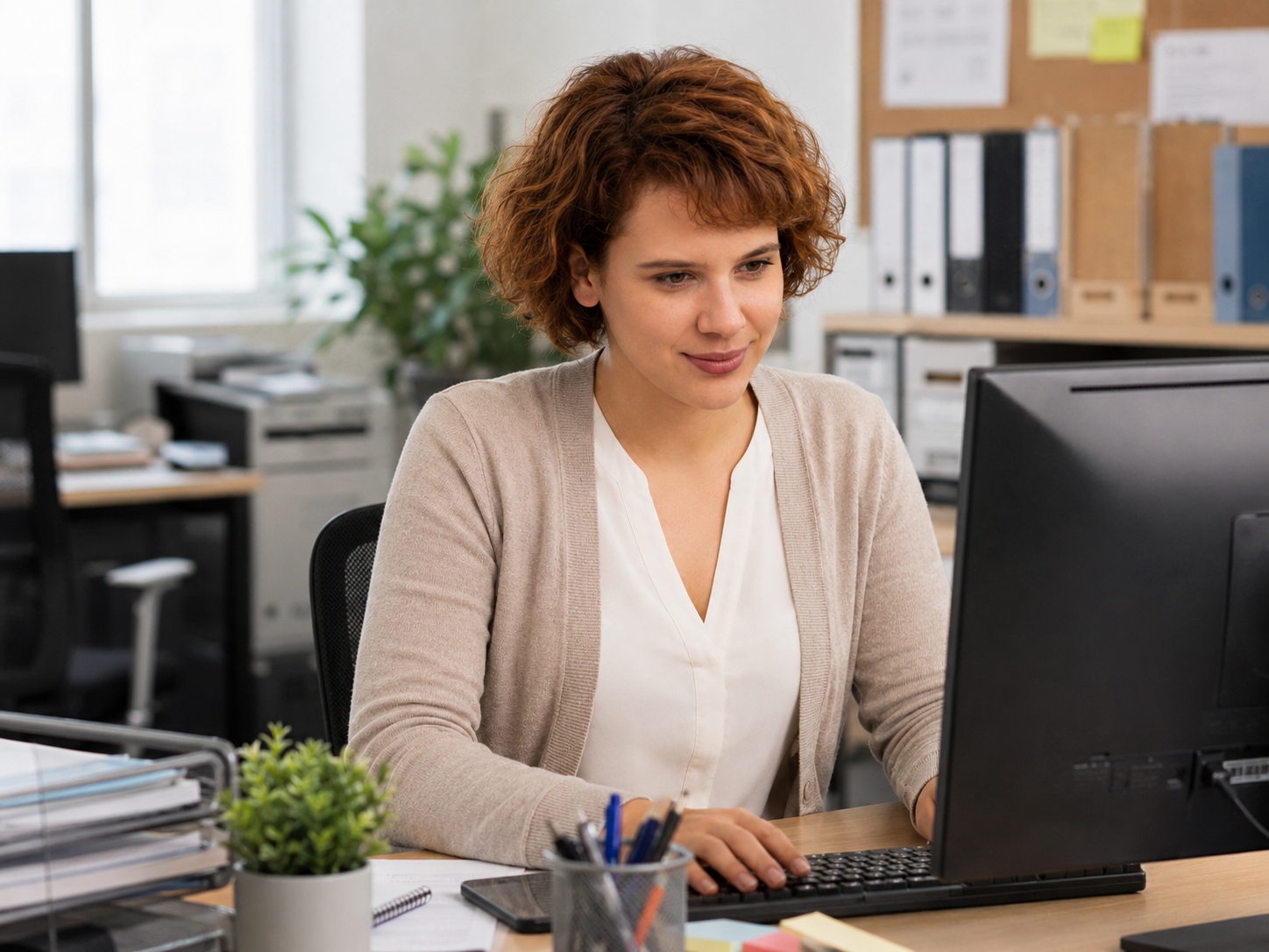 Administrative professional working at a desk in a modern office