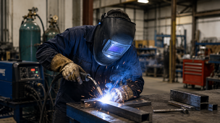 Welder working in a fabrication shop with protective gear